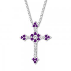 Amethyst/Lab-Created Sapphire Cross Necklace Sterling Silver