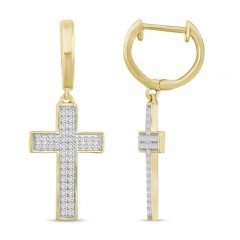 Men's Diamond Cross Hoop Dangle Earrings 1/4 ct tw Round-cut 10K Yellow Gold