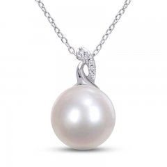 Cultured Pearl & Diamond Necklace Sterling Silver 18"