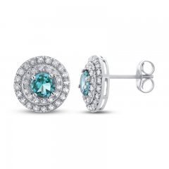 Oceanic Blue Topaz & White Topaz Double Halo Earrings Sterling Silver