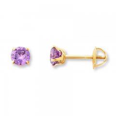 Children's Earrings Lavender Cubic Zirconia 14K Yellow Gold