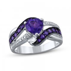 Amethyst & Diamond Heart Ring Sterling Silver