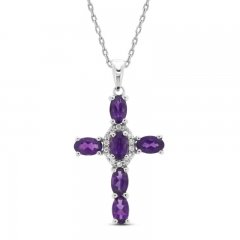 Amethyst & White Lab-Created Sapphire Cross Necklace Sterling Silver 18"