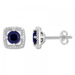 Lab-Created Sapphire Earrings 1/15 cttw Diamonds 10K White Gold