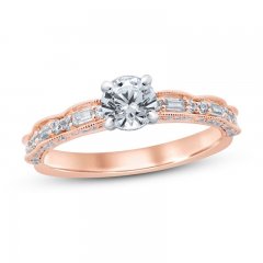 Diamond Engagement Ring 7/8 ct tw Round/Baguette 14K Rose Gold