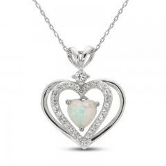 Lab-Created Opal & White Lab-Created Sapphire Heart Necklace Sterling Silver 18"