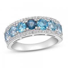 Vibrant Shades Aquamarine, Blue Topaz, White Lab-Created Sapphire Ring Sterling Silver