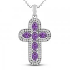 Amethyst & White Lab-Created Sapphire Cross Necklace Sterling Silver 18"