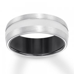 8mm Men's Wedding Band White Tungsten Carbide/Black Ceramic