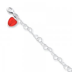 Red Crystal Heart Anklet Sterling Silver 10" Length