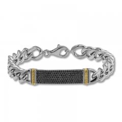 Men's Black Diamond ID Bracelet 1 ct tw Round-cut 10K Two-Tone Gold 8.7"