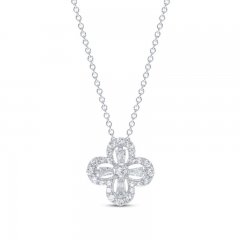 Diamond Clover Necklace 1/5 ct tw Round/Baguette 10K White Gold 18"