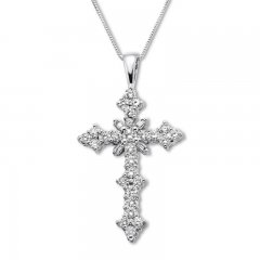 Diamond Cross Necklace 1/2 ct tw Round/Baguette 10K White Gold