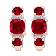 Lab-Created Ruby Hoop Earrings 1/20 cttw Diamonds 10K Rose Gold