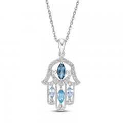 Blue Topaz & White Lab-Created Sapphire Hamsa Necklace Sterling Silver 18"