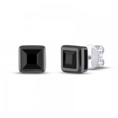 Men's Black Sapphire Square Stud Earrings Sterling Silver