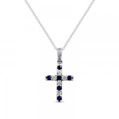 Blue Sapphire & Diamond Cross Necklace 1/6 ct tw Round-Cut 10K White Gold 18"