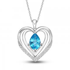 Swiss Blue Topaz & White Lab-Created Sapphire Heart Necklace Sterling Silver 18"