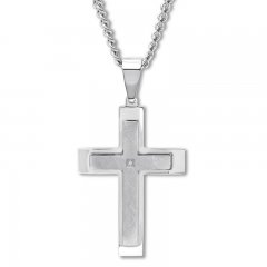 Men's Cross Necklace Diamond Accent Stainless Steel 24" Length