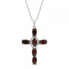 Garnet & White Lab-Created Sapphire Cross Necklace Sterling Silver 18"