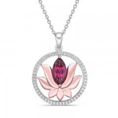 Garnet & White Lab-Created Sapphire Lotus Necklace Marquise/Round-Cut 10K Rose Gold/Sterling Silver 18"