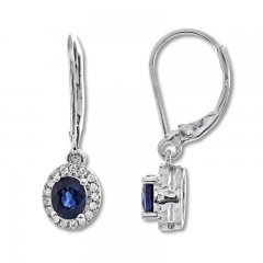 Natural Sapphire Earrings 1/8 ct tw Diamonds 10K White Gold