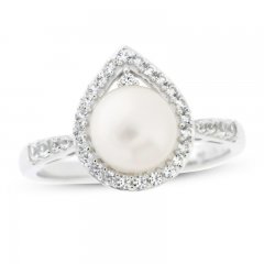 Cultured Pearl & White Lab-Created Sapphire Ring Sterling Silver