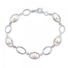 Cultured Pearl & White Lab-Created Sapphire Bracelet Sterling Silver 7.5"