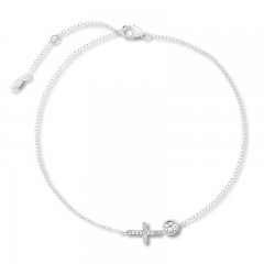 White Lab-Created Sapphire Cross Anklet Sterling Silver 11" Adjustable