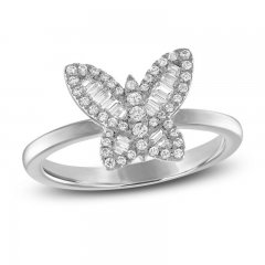 Diamond Butterfly Ring 1/3 ct tw Round & Baguette 10K White Gold