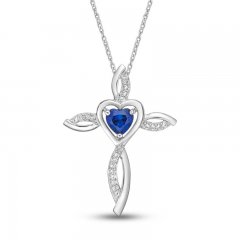 Blue & White Lab-Created Sapphire Cross Necklace Sterling Silver 18"