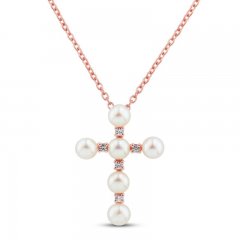 Freshwater Pearl & White Topaz Cross Necklace 10K Rose Gold 18"