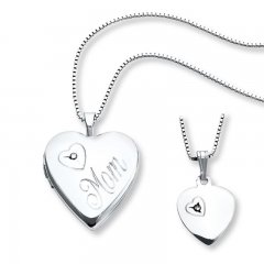 Mother/Daughter Necklaces Hearts with Diamonds Sterling Silver