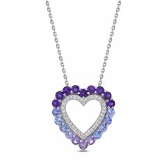 Vibrant Shades Amethyst, Tanzanite, White Lab-Created Sapphire Heart Necklace Sterling Silver 18"