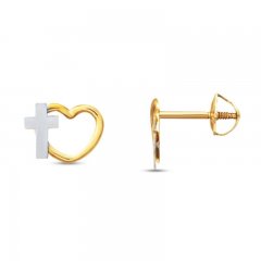 Children's Earrings Heart and Cross 14K Yellow Gold