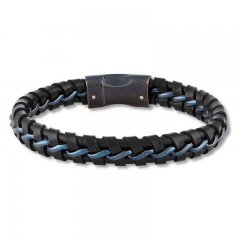 Men's Leather and Blue Ion-Plated Stainless Steel Bracelet 8.5"