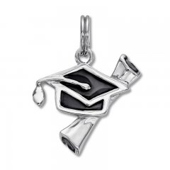 Graduation Cap & Diploma Charm Sterling Silver/Black Enamel