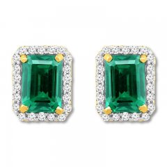 Lab-Created Emerald Earrings 1/4 ct tw Diamonds 10K Yellow Gold