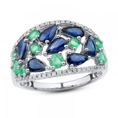 Blue Sapphire & Emerald Ring 1/8 ct tw Diamonds 10K White Gold