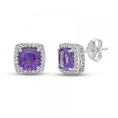 Luminous Cut Amethyst & White Topaz Halo Stud Earrings Sterling Silver